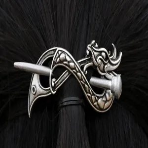 Viking dragon hair pin detail, vintage silver metal Celtic barrette for women's hair styling.