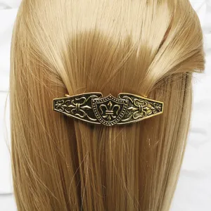 Close-up detail of vintage gold barrette with shield and fleur-de-lis motif, perfect for styling.