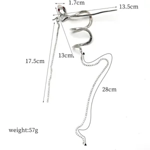 Vista dettagliata del fermaglio per capelli serpente argento con strass e dimensioni precise.