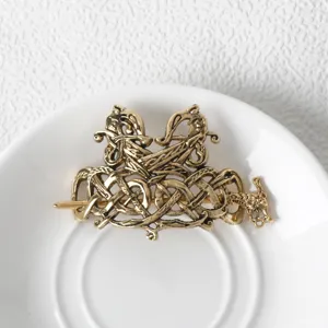 Vintage Viking Celtic hair pin, antique gold metal dragon hair fork for women, retro hair accessories.