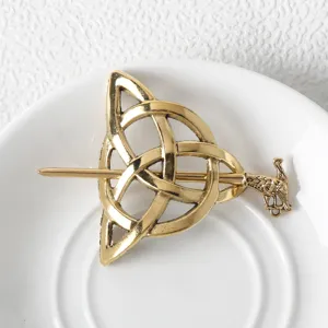 Viking retro metal hair pin, Celtic knot design with vintage gold finish, elegant hair stick.