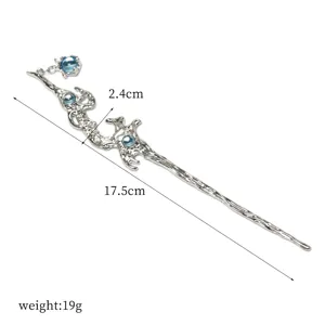Bâton à cheveux en métal argenté avec pierres de cristal bleu, épingle chignon, 17.5cm.