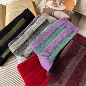 Stylish vertical striped knit mid-calf socks for women autumn winter daily wear fashion.