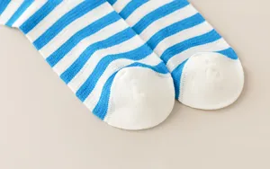 Breathable mesh striped crew socks for summer, comfortable blue and white cotton socks.