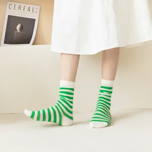 Breathable striped mid-calf socks for women, retro style sweet candy color summer thin socks.