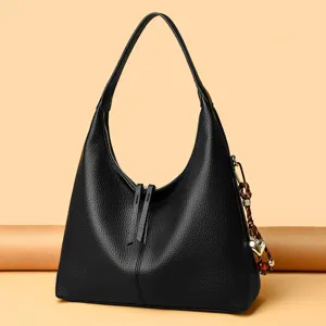 Elegant black cowhide leather hobo shoulder bag, large casual tote for daily commuting women.