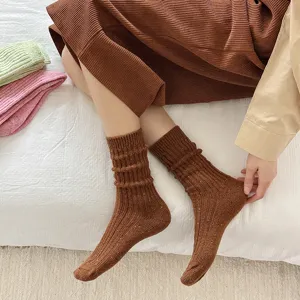 Detailed view of brown chunky knit crew socks showcasing soft texture and cozy winter style.