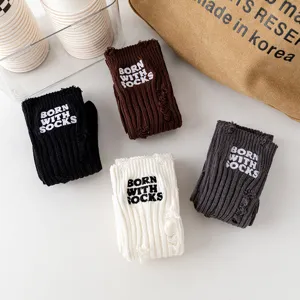 Autumn winter thick distressed embroidered calf socks, soft cotton ribbed mid high tube socks.