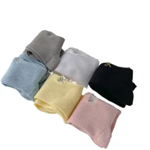 Women cotton mid-tube slouch socks with cute bow embroidery, spring and summer daily wear.