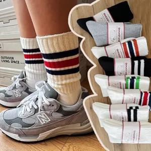 Japanese style thick striped cotton crew socks, cozy casual warm long knit winter hosiery.