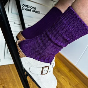 Purple ribbed crew socks for men and women, classic retro knit style for daily wear.