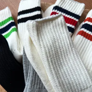 Comfortable Japanese style striped crew socks, thick thermal cotton socks for daily wear.