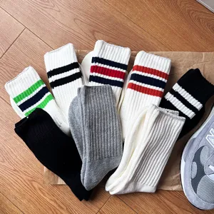 Japanese style casual striped cotton mid-tube socks detail, thick warm winter crew socks.