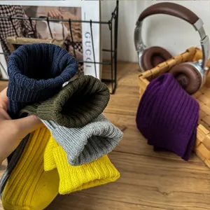 Unisex solid color ribbed crew socks, thick knit Japanese style casual stack socks daily.