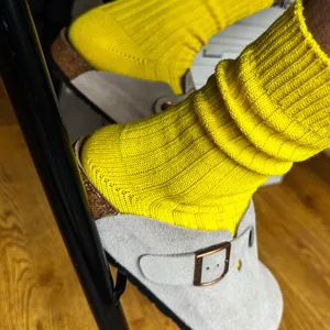 Vibrant yellow ribbed slouch socks for men and women, Japanese style thick knit cotton socks.