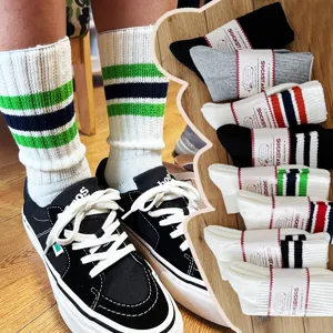 Unisex Japanese Retro Striped Thickened Brushed Cotton Crew Socks Casual Sports Winter Warm Long Socks