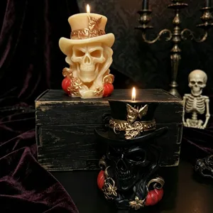 Gotische doodskop geurkaars met hoge hoed, unieke Halloween retro feestwoondecoratie.