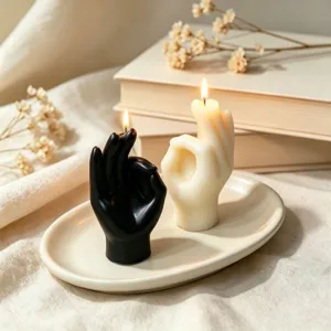 OK gesture scented candle set, black and white palm shaped soy wax home decor for gifting.