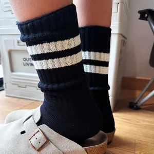 Japanese style striped crew socks, thick brushed cotton long socks for casual autumn daily wear.