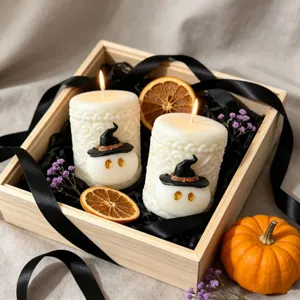 Set di candele profumate fantasma di Halloween con cappello da strega in legno box.