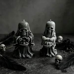 Gothic Halloween black robe grim reaper and skull scented candle fine detail view.