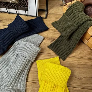 Solid color ribbed knit crew socks for men and women, casual thick cotton winter socks.