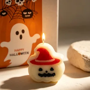 Halloween scented candle with cute ghost pumpkin and red wizard hat design, perfect party decor.