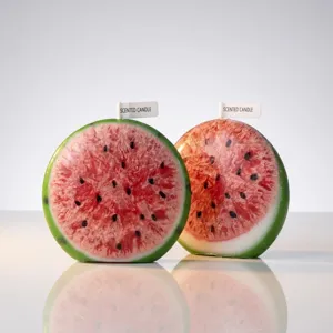 Handcrafted watermelon scented candle with ice crack texture, perfect for summer home decor.