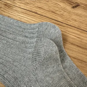 Grey knitted mid-calf socks detailed texture close up shot, casual daily wear comfortable style.