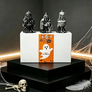 Halloween gothic skeleton grim reaper scented candles set, black and white spooky party decor.