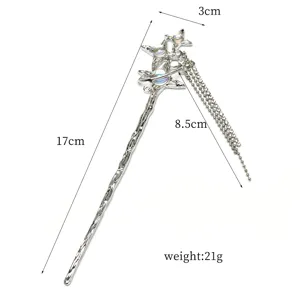 Bâton de cheveux céleste argenté avec pampilles en strass, épingle étoile 17cm de long.
