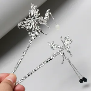 Épingle à cheveux papillon argenté style chinois rétro accessoires pour cheveux gland