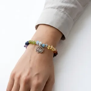 Natural multi-color gemstone beads yoga bracelet featuring a stainless steel lotus charm