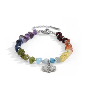 Natural Raw Stone Amethyst Yoga Bracelet Stainless Steel Hollow Lotus Pendant Zen Bohemian Beaded Jewelry for Women