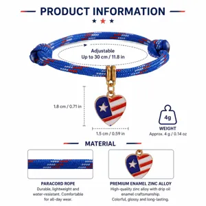 Verstellbares Armband mit US-Flaggen-Herzanhänger aus Paracord mit Materialdetails