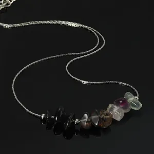 Close-up of original design necklace featuring natural raw amethyst and smoky quartz stones