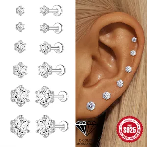 Detailed view of 925 sterling silver moissanite six-prong ear studs in various sizes.
