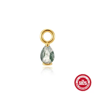 Detail of teardrop moss agate pendant set in 925 sterling silver gold plating