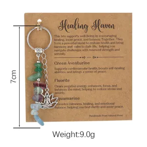 Macro detail of natural crushed stone keychain with lotus charm, length 7cm and weight 9.0g