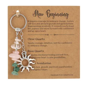 Detailed view of handmade crystal keychain with raw stones and sun charm on display card