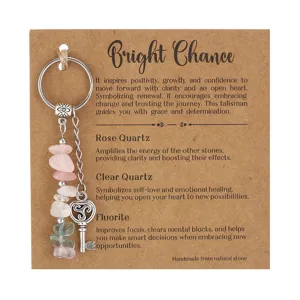Natural stone beaded keychain with Rose Quartz, Clear Quartz, Fluorite and key charm