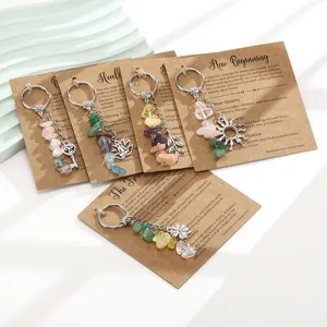 Detailed view of natural crushed stone keychains on kraft cards with healing meanings