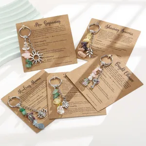 Set of five natural crushed stone keychains with symbolic gift cards for healing and success