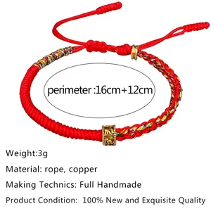 Bracciale tibetano fatto a mano in corda rossa con perla di rame e mantra inciso