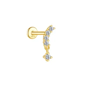 S925 sterling silver gold-plated stud earring with curved cubic zirconia design
