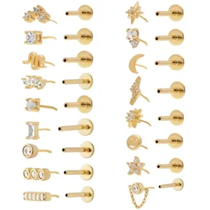 Set of 925 sterling silver gold-plated flat back cartilage piercing studs with zirconia