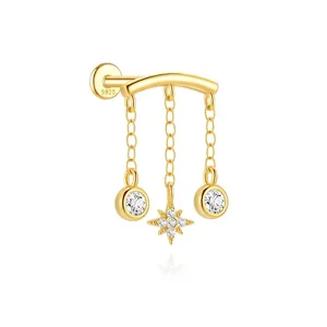 925 sterling zilveren vergulde labret oorbel met achtpuntige ster en zirkoon hangers