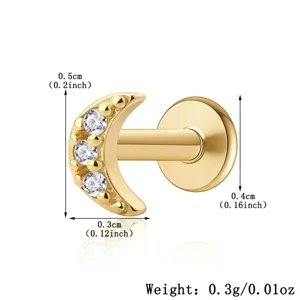 Detailed view of S925 sterling silver crescent moon labret with CZ inlay and dimensions