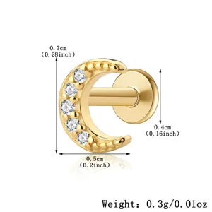 Detailed view of S925 sterling silver crescent moon piercing stud with size measurements