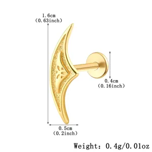 Detailed view of gold crescent moon labret earring with measurement labels and weight.